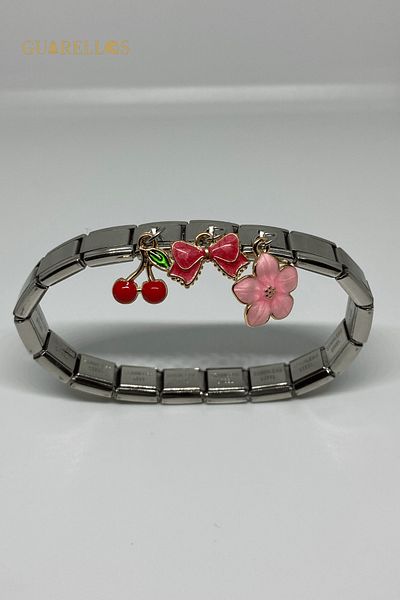 Guarellos Steel Italian Charm Bracelet with Cherry, Ribbon and Sakura Flower Charm Gift – Guarellos