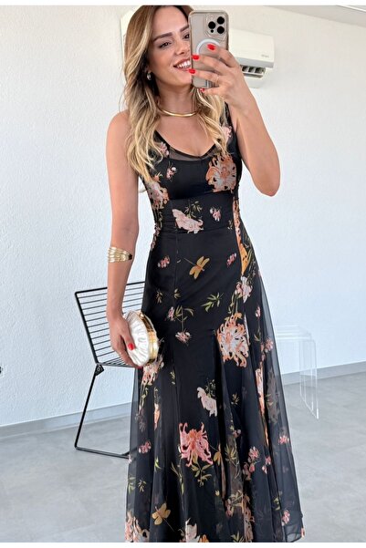 Butik Çiçek Desenli Şifon Kadın Elbise