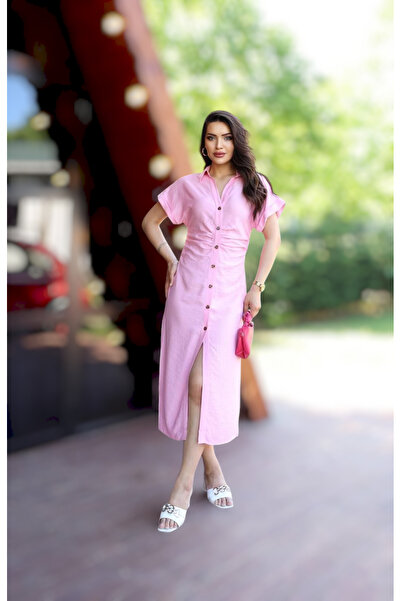 Modontik KETEN KUMAŞ BEL BÜZGÜLÜ GÖMLEK ELBİSE ZA.RA MODEL