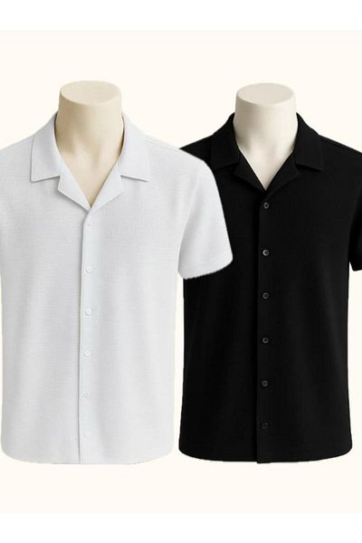 LC Waikiki 2-Piece Advantageous Waffle Fabric Iron-Free Short-Sleeved Button-Up Summer Premium Men's Shirt