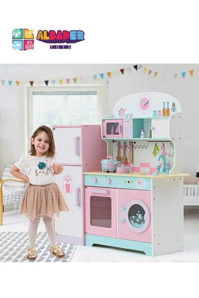ALBADER Wooden Kitchen Toy With Oven and Cook Food Toys Set And Ice Maker, Large wooden kitchen