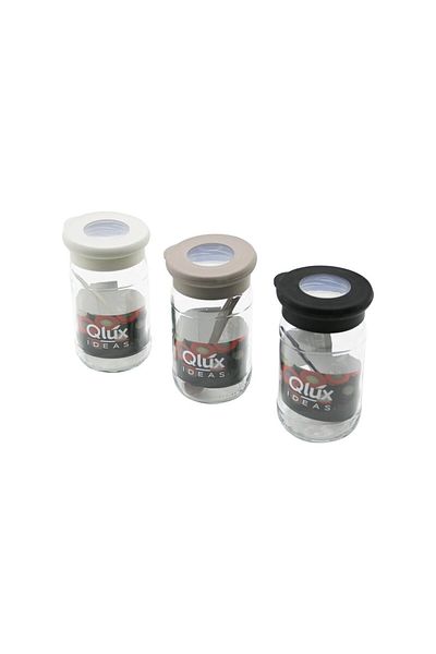 OK AKSESUAR Qlux C-00344 Flat Glass Spice - 370ml with Pls.Spoon Lid=Colorful Silicone Edge - Transparent Pvc Belly (