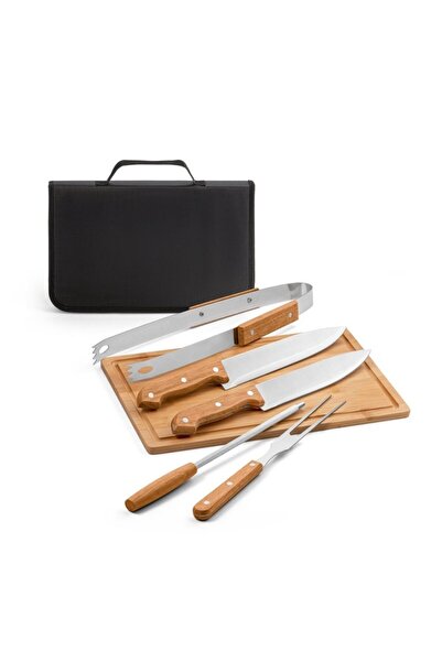 dalimag Set de gratar din lemn si otel inoxidabil din cinci piese, cu bord de bambus