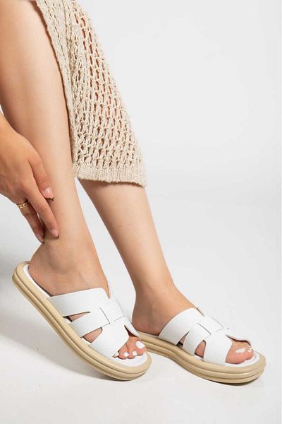 AYAKKABİSEPETİ WHITE GENUINE LEATHER WOMEN SLIPPERS