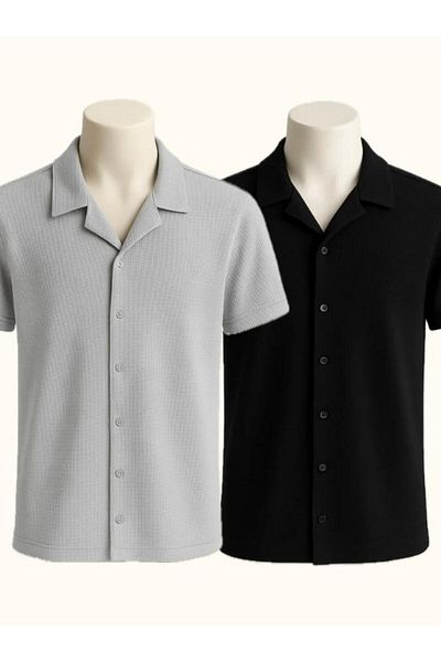 LC Waikiki 2-Piece Advantageous Waffle Fabric Iron-Free Short-Sleeved Button-Up Summer Premium Men's Shirt