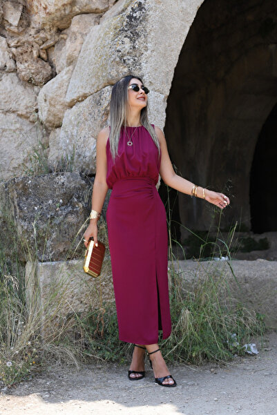 bytugcekaya Burgundy Round Neck Draped Slit Detail Dress