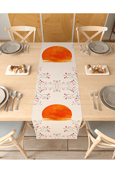 GREENDECOR Flower Sun Beige Patterned Special Design Runner Digital Printed D...