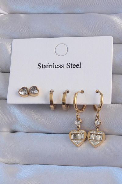 AfraBeauty 316L Steel Gold Zircon Stone Heart Model Hoop Earring Set