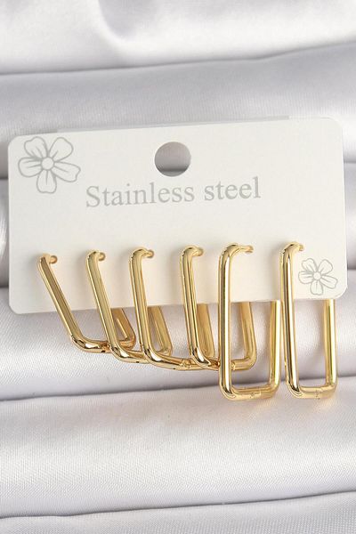 AfraBeauty 316L Steel Gold Rectangular Model Women's Earring Set
