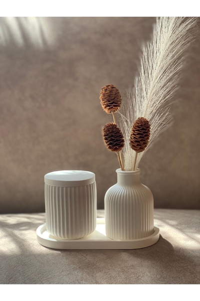 Dekoratif Kokulu Mum ve Kurutulmuş Çiçekli Vazo Seti | Minimalist Ev Dekoru