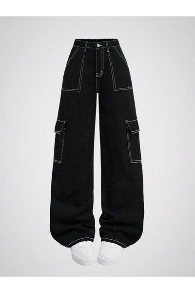 KOTOLOG Unisex Παντελόνι Cargo Pocket με φαρδύ λευκό ραμμένο