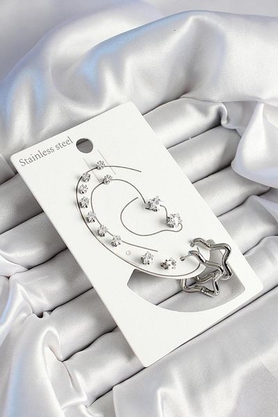 AfraBeauty 316L Steel Star Figured and Zircon Stone Silver 7-Piece Double Women's Earring Set