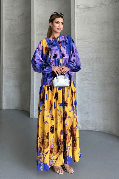 AYASOFYA OTANTIK Women's Purple Yellow Buttoned Patched Collar Balloon Loose Wide Cut Sleeve Long Dress