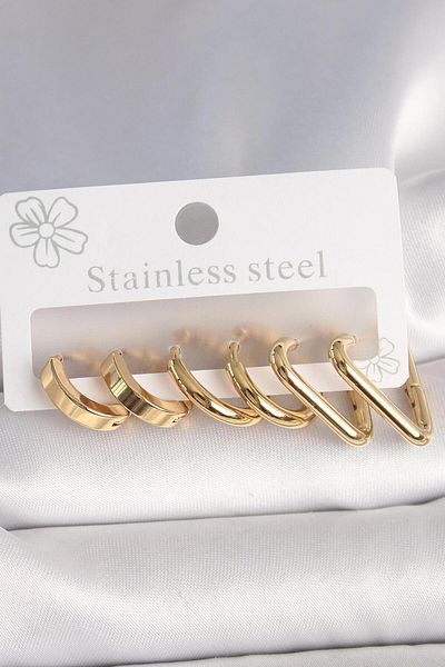 AfraBeauty 316L Steel Gold Triangle Hoop Model Women's Earring Set