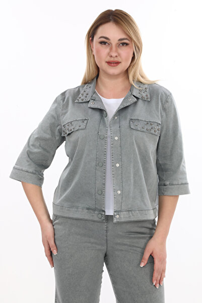 EXİTLİNE Women's Triple Special Stone Embroidered Summer Khaki Green Suit Jacket Trousers Tshirt