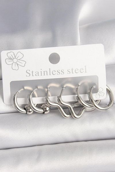 AfraBeauty 316L Steel Silver Hoop Star Model Women's Earring Set