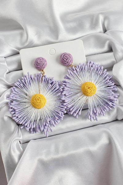 AfraBeauty Purple Tasseled Daisy Figured Straw Knitted Model Gold Women's Earrings