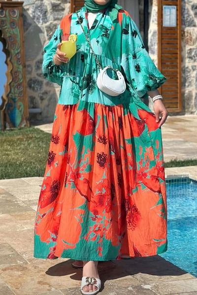 AYASOFYA OTANTIK Women's Turquoise Orange Buttoned Patched Collar Balloon Loose Wide Cut Sleeve Long Dress
