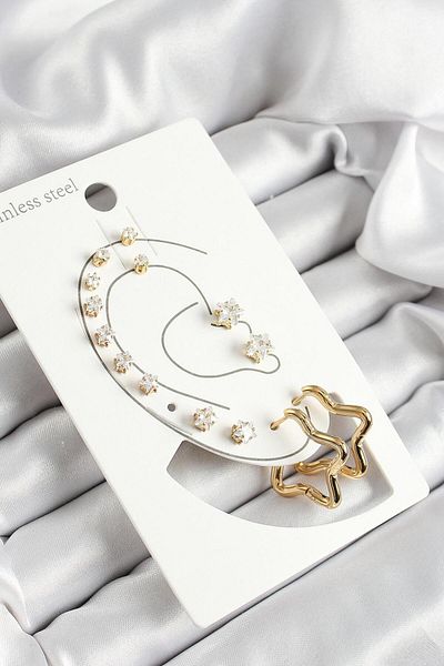 AfraBeauty 316L Steel Star Figured and Zircon Stone Gold 7-Piece Double Women's Earring Set