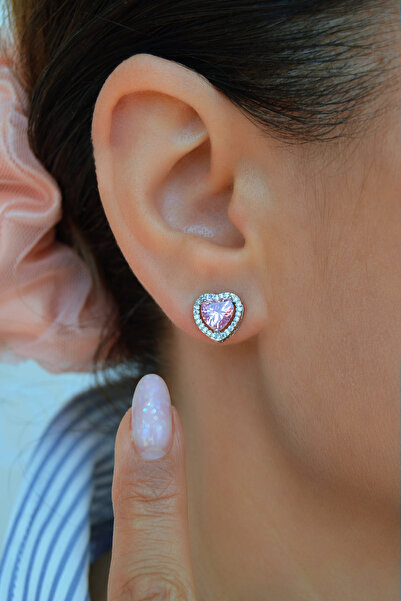 Mu Minamu Pembe Zirkon Taşlı Kalp Küpe Kalp Model Küpe