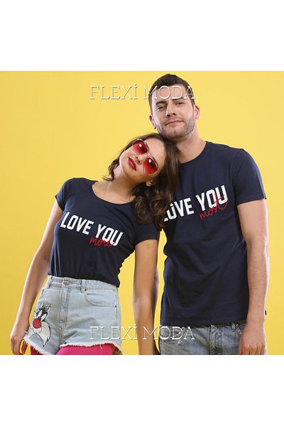 Hunors Sportswear & Company Love You The Most, (albastru bleumarin) Combinație de cuplu de îndrăgostiți scris pentru cupluri Tricou supradimensionat din 2 piese