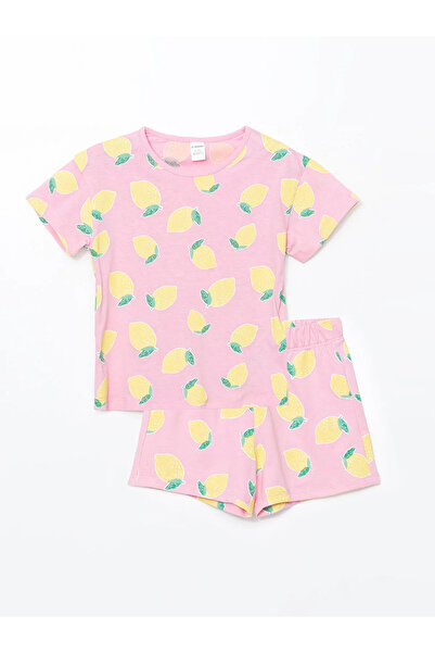 LC Waikiki Pink lemon Printed girl's t-shirt and shorts 2-piece set