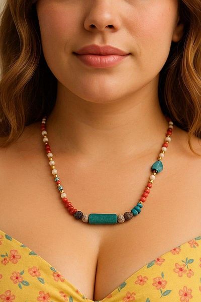 Fildişi Aksesuar Ethnic Design Handmade Women's Necklace with Turquoise Natural Stone (45 cm)