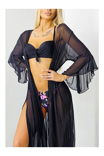 Star Fashion Long beach robe, pareo style, made of veil, with three-quarter sleeves and drawstring at the waist
