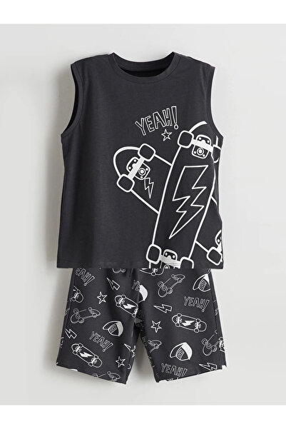 LC Waikiki Anthracite Printed Boys' T-Shirt and Shorts 2-Piece