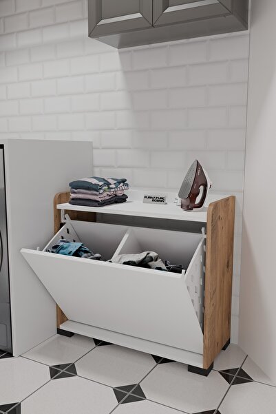 FurnatureDesign Duo 2 Bölmeli Çamaşırlık Çok Amaçlı İki Bölmeli Dolap Kirli Ç...