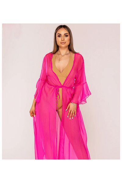Star Fashion Long beach robe, pareo style, made of veil, with three-quarter sleeves and drawstring at the waist