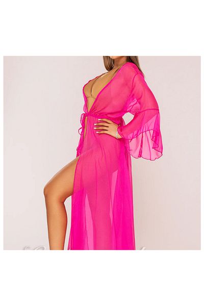 Star Fashion Long beach robe, pareo style, made of veil, with three-quarter sleeves and drawstring at the waist