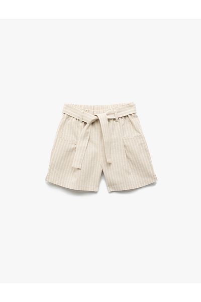 Koton New Season Linen Blend Belted Striped Shorts