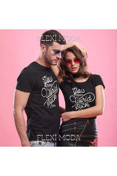 Hunors Sportswear & Company You Make My World Better, (negru) Tricou supradimensionat din 2 piese pentru cupluri scris pentru cuplu de îndrăgostiți