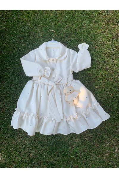 XORVİO Girl's Long Sleeve Belted Buttoned Baby Collar Cotton Ecru Floral Teddy Bear Dress