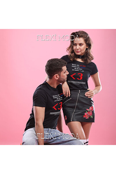 PERISENSE تي شيرت كبير الحجم مكون من قطعتين للزوجين بتصميم ورود حمراء