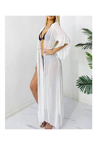 Star Fashion Halat de plaja lung, stil pareo, din voal, cu maneca trei sferturi si cordon in talie