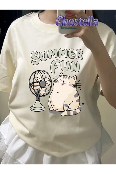 Minga London Μπεζ καλοκαιρινό μπλουζάκι Unisex με σχέδιο γάτας -Ghostella
