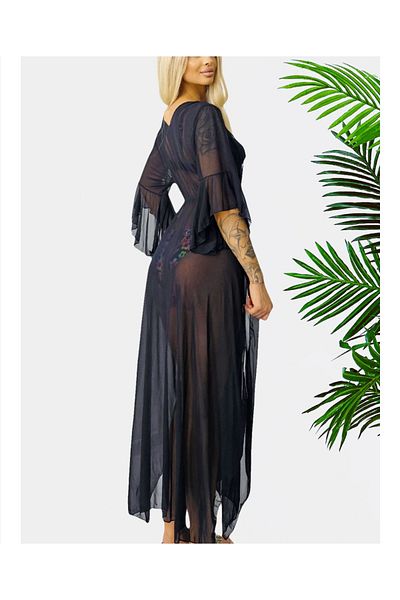 Star Fashion Long beach robe, pareo style, made of veil, with three-quarter sleeves and drawstring at the waist
