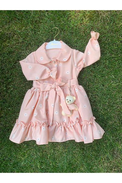 XORVİO Girl's Long Sleeve Belted Buttoned Baby Collar Cotton Salmon Color Floral Teddy Bear Dress