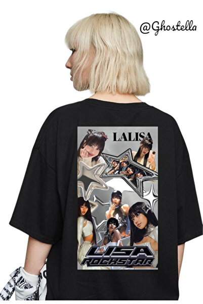 Minga London تيشيرت أسود للجنسين مطبوع عليه La Lisa Rockstar مقاس كبير - Ghos...