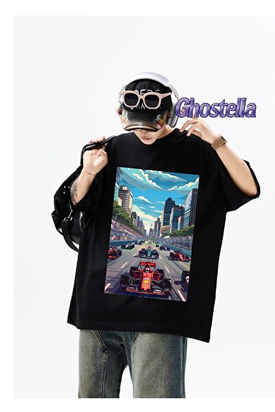 Minga London Tricou unisex supradimensionat de curse auto negre -Ghostella