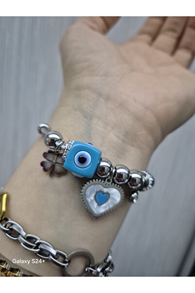 Pinkimaj Charmlı Steel Bracelet Blue Bead Heart Model