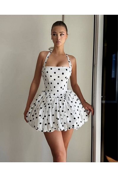 WellWay Εισαγόμενο Full Lycra Modal ύφασμα και υφαντό ύφασμα με επένδυση πλάτης Gipe Elastic Mini Ballon Dress-Polka Dot