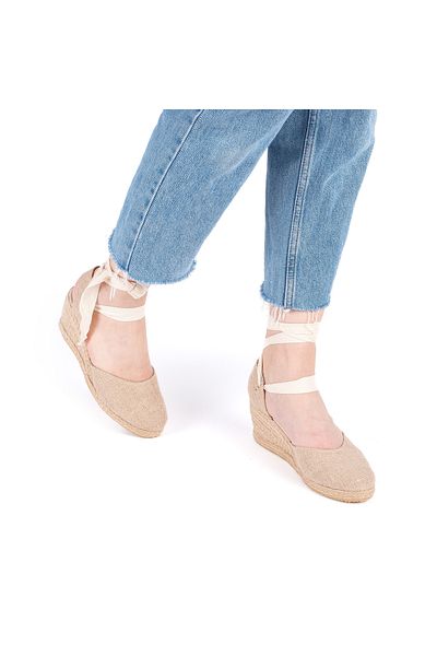 Star Tombis Real Handmade Open Back Wide Drawstring Wedge Heel Linen Women's Espadrille Handmade
