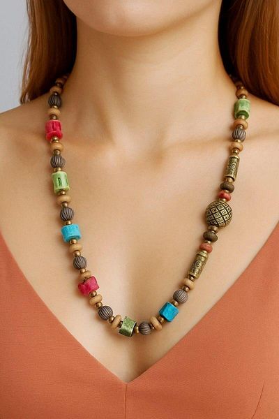 Fildişi Aksesuar Multicolored Ethnic Design Handmade Women's Necklace (45 cm)