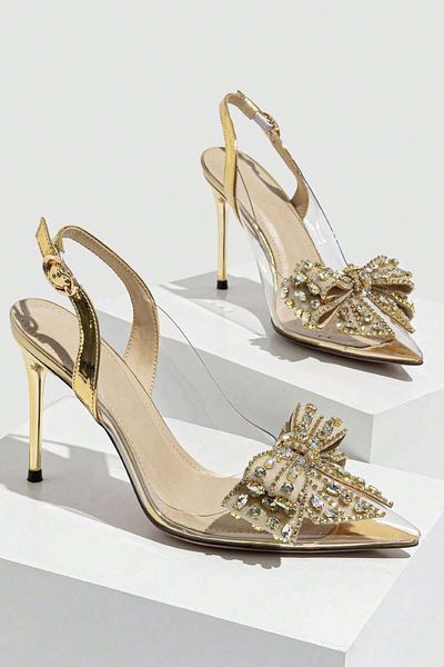 TrendyAnka Lady Princess Gold Transparent Nude Bow Buckle Stone 8 cm Thin Heels Wedding Engagement Evening Dress Shoes