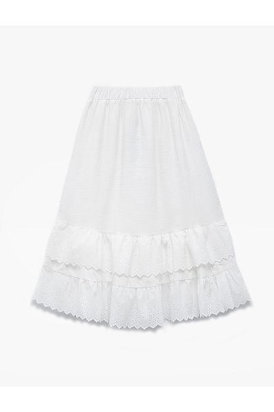 Koton New Season Cotton Layer Detailed Ruffled Brode Midi Skirt