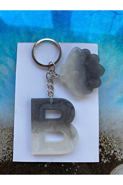 Yopoksi Desing Epoxy B Letter Gold Leaf, Pink Keychain with Flower Leaves