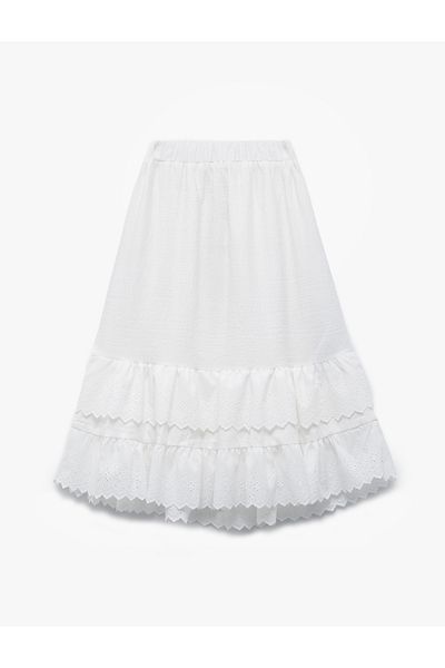 Koton New Season Cotton Layer Detailed Ruffled Brode Midi Skirt